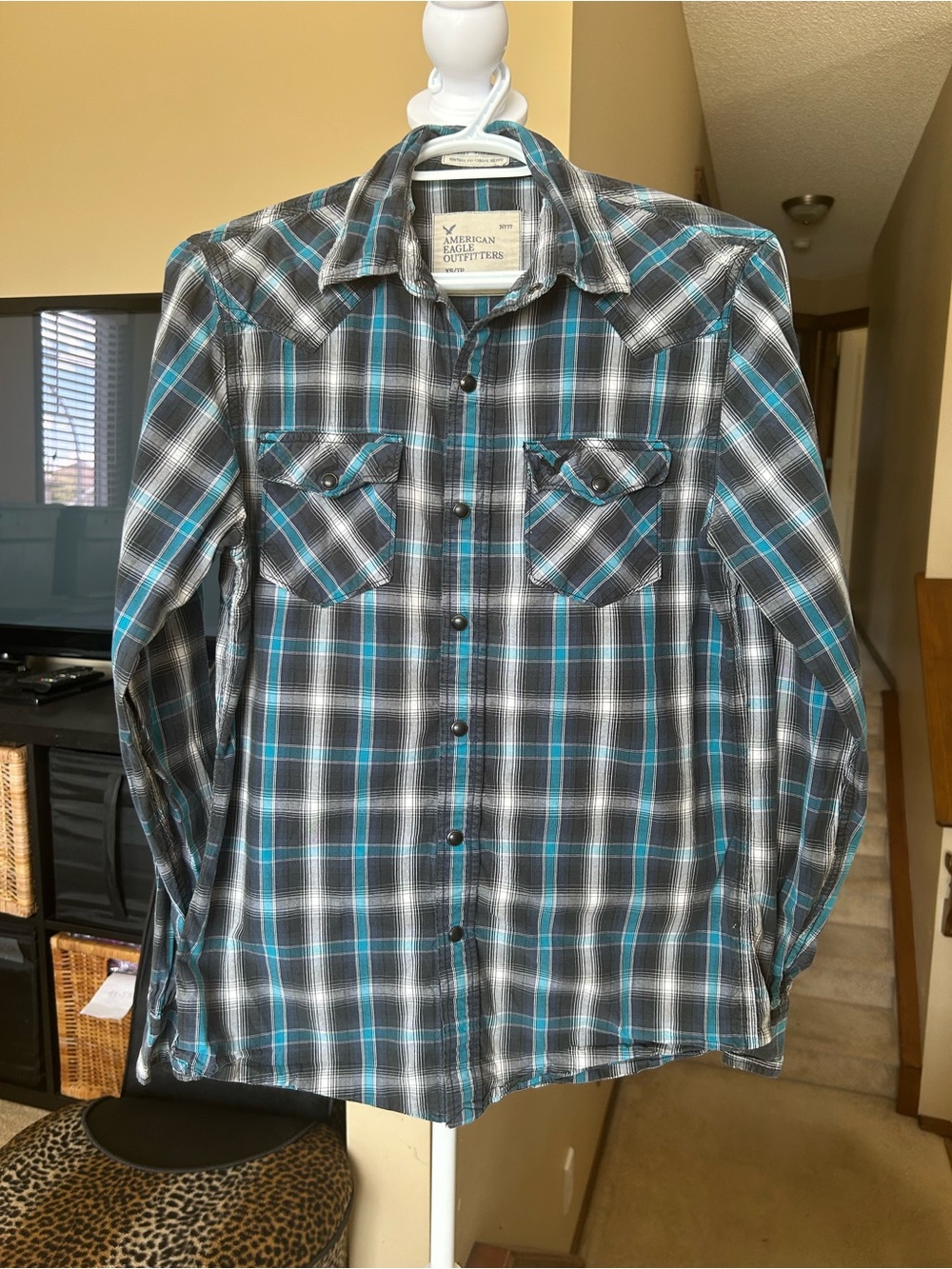 Black and Blue Plaid Western Style Vintage fit Snap Button-Down Shirt